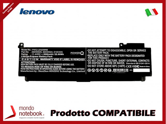 Batteria PowerQ per Lenovo T460s-2MCD 2000 mAh 11.4V P/N 00HW024 Nero