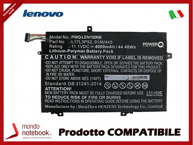 Batteria PowerQ per Lenovo ThinkPad E485 4000 mAh 11.1V P/N 01AV445 Nero
