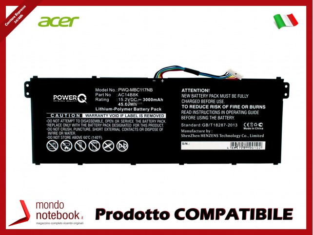 Batteria PowerQ per Acer e altri brand 3000mAh 15.2V P/N AC011353 Nero