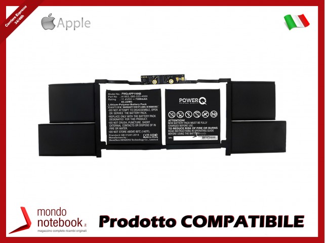 Batteria PowerQ per Apple MacBook Pro 15 inch MV912LL/A* 7300 mAh 11.4V P/N 020-02391 Nero