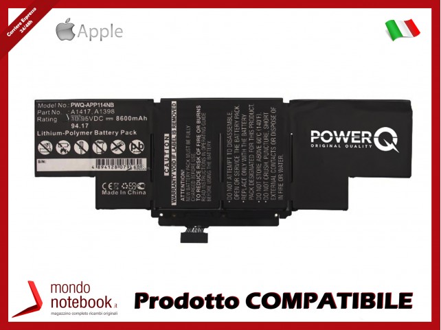 Batteria PowerQ per Apple MacBook Pro Core i7 2.3 15" Re 8600 mAh 10.95V P/N A1398 Nero