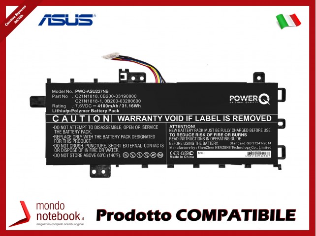 Batteria PowerQ per Asus A412FA 4100 mAh 7.6V P/N 0B200-03190800 Nero