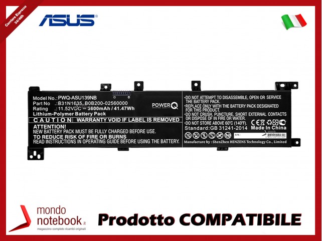 Batteria PowerQ per Asus A705QA 3600 mAh 11.52V P/N B0B200-02560000 Nero