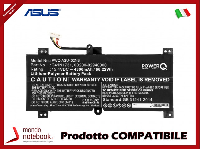 Batteria PowerQ per Asus G515GV 4300 mAh 15.4V P/N 0B200-02940000 Nero