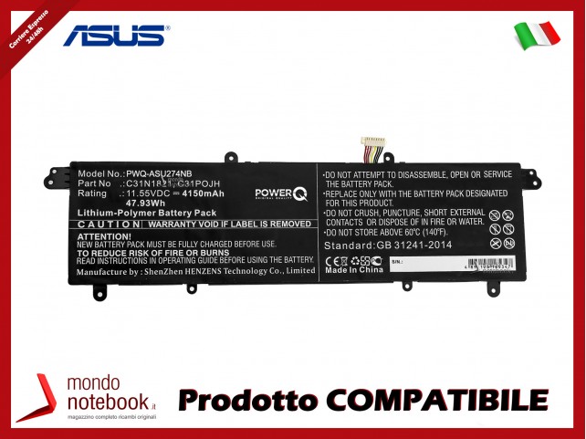 Batteria PowerQ per Asus UX3000XN 4150 mAh 11.55V P/N 0B200-03210100 Nero