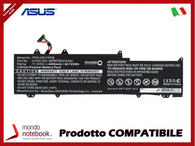 Batteria PowerQ per Asus Zenbook UX32LA 4400 mAh 11.3V P/N 0B200-00070200 Nero
