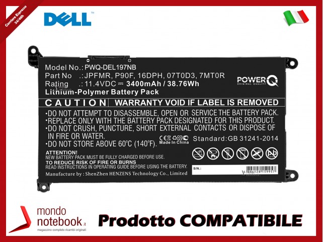 Batteria PowerQ per DELL 7000 14(i5-7200U/4GB/128GB 500 3400 mAh 11.4V P/N 07T0D3 Nero