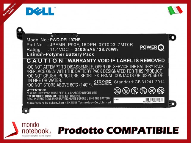 Batteria PowerQ per DELL YRDD6 3400 mAh 11.4V P/N 07T0D3 Nero