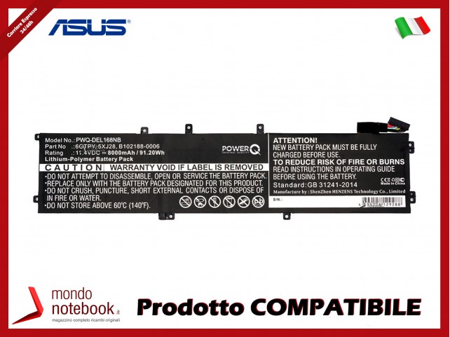 Batteria PowerQ per DELL Ins 15-7590-D1535B 8000 mAh 11.4V P/N 05041C Nero