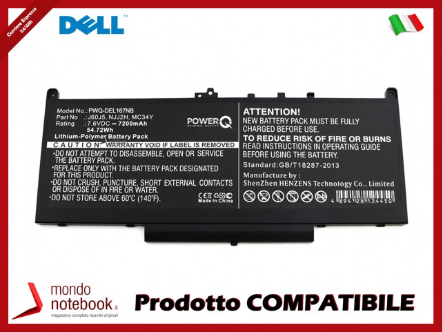 Batteria PowerQ per DELL Latitude 12 E7270 7200 mAh 7.6V P/N 0F1KTM Nero