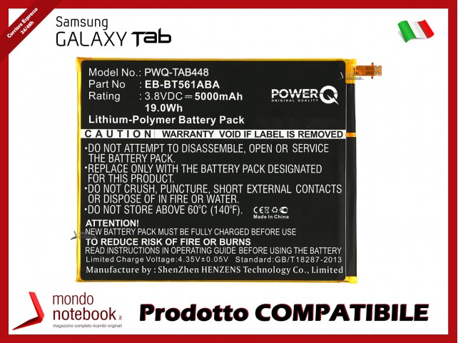 Batteria PowerQ per Samsung Galaxy Tab E Nook Edition 9.6 5000mAh 3.8V P/N EB-BT561ABA
