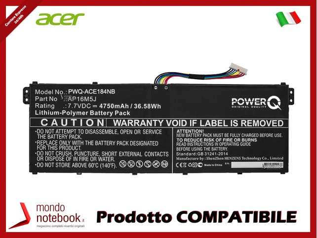 Batteria PowerQ per Acer A314-32-C52Q 4750 mAh 7.7V P/N AP16M5J Nero
