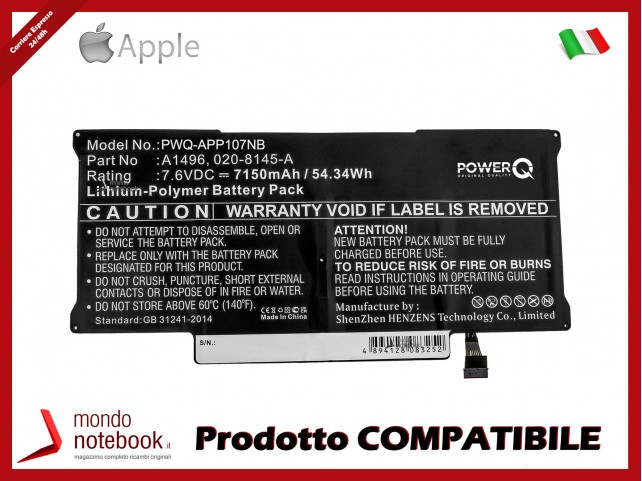 Batteria PowerQ per Apple Macbook Air 13" A1466 7150 mAh 7.6V P/N 020-8142-A Nero