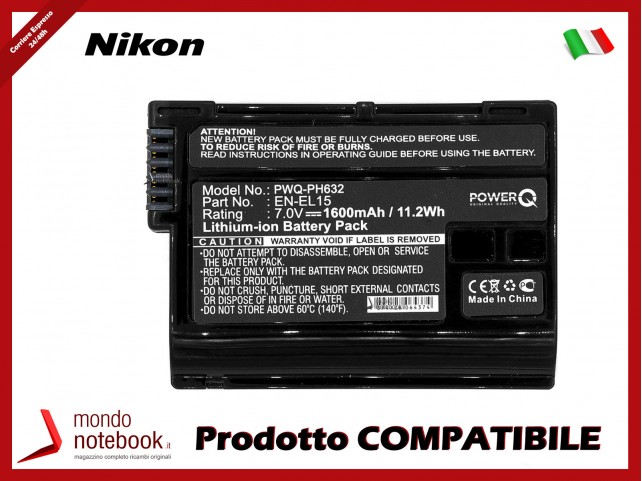 Batteria PowerQ per Nikon 1 V1 1600mAh 7.0V P/N EL-EL15c