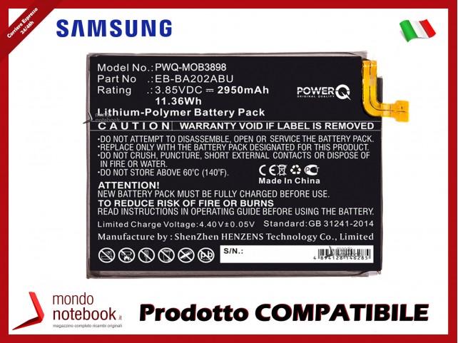 Batteria PowerQ per Samsung Galaxy A10e 2950mAh 3.85V P/N EB-BA202ABU