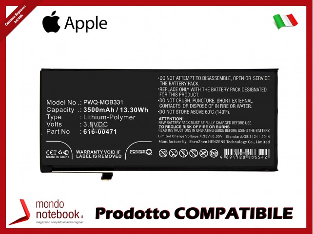Batteria PowerQ per Apple iPhone Xr 3500mAh 3.8V P/N 616-00468 Alta Capacità