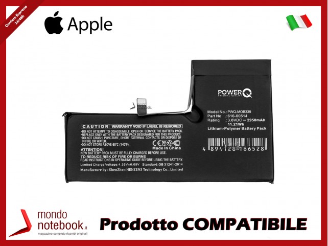 Batteria PowerQ per Apple iPhone Xs 2950mAh 3.8V P/N 616-00514 Alta Capacità