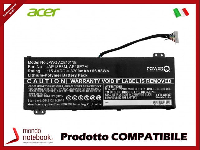 Batteria PowerQ per Acer Aspire 7 715-74G-52MV 3700 mAh 15.4V P/N AP18E7M Nero