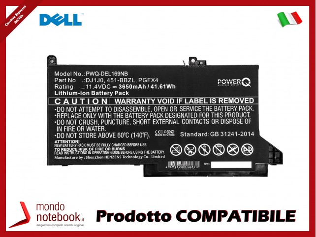 Batteria PowerQ per DELL 451-BBZL 3650 mAh 11.4V P/N 451-BBZL Nero