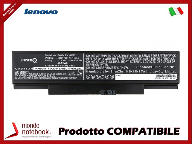 Batteria PowerQ per Lenovo E560-0KCD 4400 mAh 10.8V P/N 45N15E9 Nero