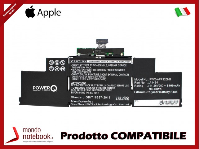 Batteria PowerQ per Apple MacBook Pro Retina Display 15" 8400 mAh 11.26V P/N A1494 Nero