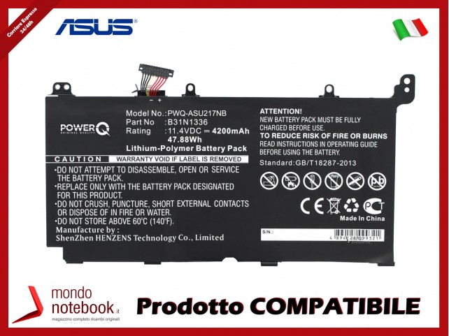 Batteria PowerQ per Asus A551LN 4200 mAh 11.4V P/N 0B200-00450100 Nero