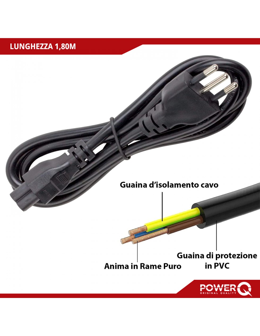 PowerQ Cavo alimentazione tripolare spina italiana connettore C5 notebook