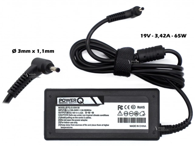 Alimentatore PowerQ per ASUS ACER SAMSUNG 65W 19V 3,42A (3mm x 1,1mm)