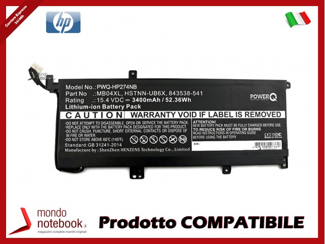 Batteria PowerQ per HP Envy 15-aq004ur x360 3400 mAh 15.4V P/N 843538-541 Nero