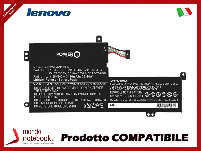 Batteria PowerQ per Lenovo IdeaPad L340 3150 mAh 11.25V P/N 5B10T03402 Nero