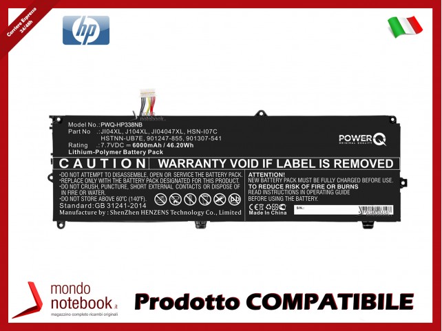 Batteria PowerQ per HP Elite X2 1012 G2 6000 mAh 7.7V P/N 901247-855 Nero