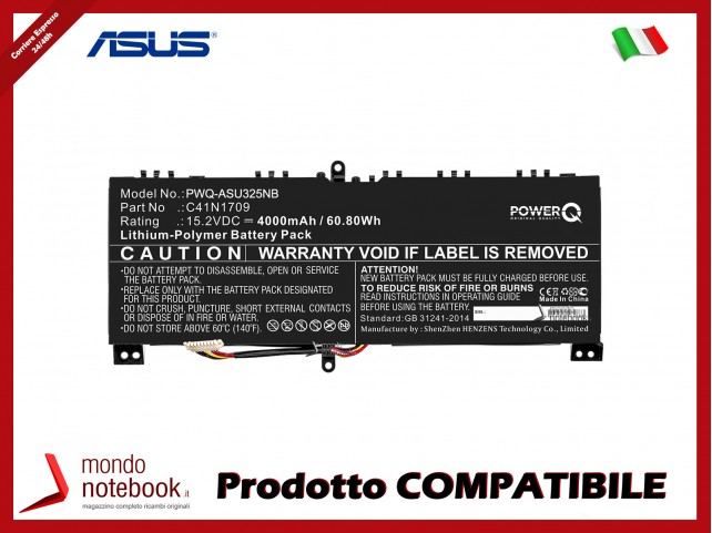 Batteria PowerQ per Asus GL503VS 4000 mAh 15.2V P/N 0B200-02730000 Nero