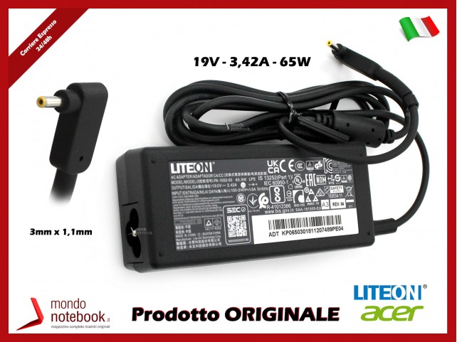 Alimentatore Originale ACER 65W 19V 3,42A (3.0mm x 1.1mm) (Nero)