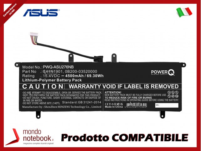 Batteria PowerQ per Asus ZenBook 14 UX481F 4500 mAh 15.4V P/N 0B200-03520000 Nero