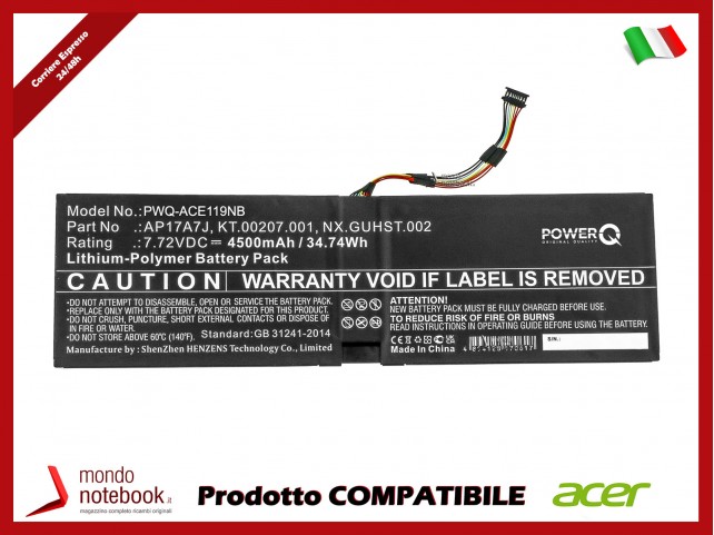 Batteria PowerQ per Acer Swift 7 SF714-51T 4500 mAh 7.72V P/N AP17A7J Nero