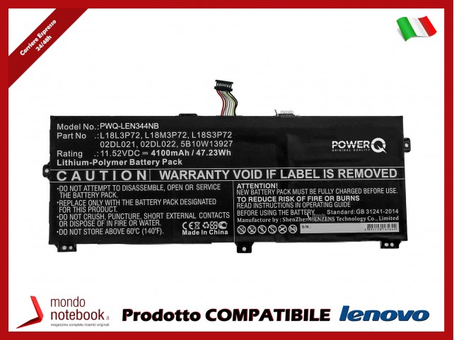 Batteria PowerQ per Lenovo ThinkPad X390 Yoga 4100 mAh 11.52V P/N 02DL021 Nero