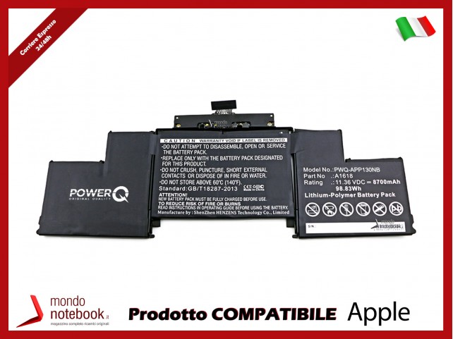 Batteria PowerQ per Apple A1398 Retina 2015 8700 mAh 11.36V P/N 020-00079 Nero