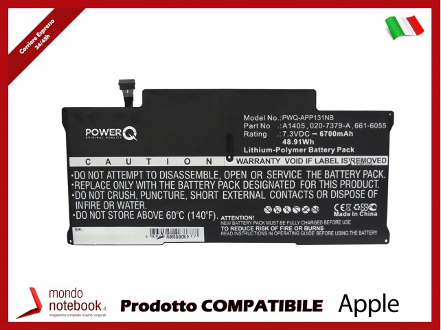 Batteria PowerQ per Apple A1466 6700 mAh 7.3V P/N 020-7379-A Nero