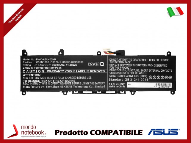 Batteria PowerQ per Asus adol 13 3600 mAh 11.55V P/N 0B200-02960000 Nero