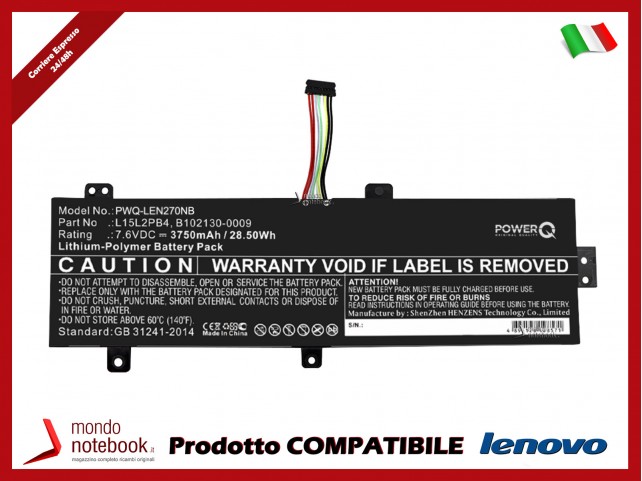 Batteria PowerQ per Lenovo ideapad 310 15" 3750 mAh 7.6V P/N 5B10K87720 Nero