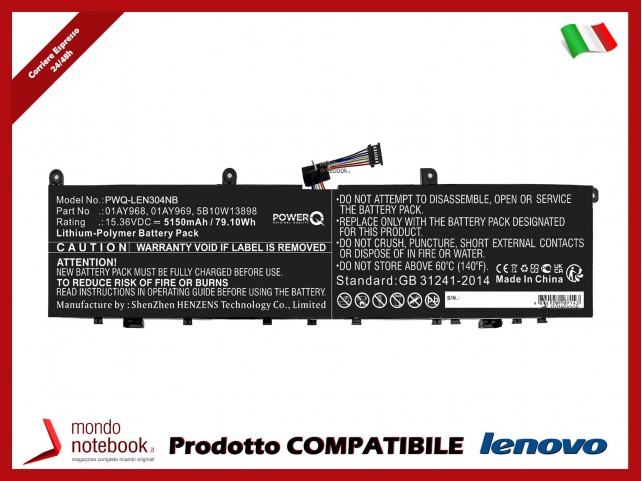 Batteria PowerQ per Lenovo ThinkPad P1 5150 mAh 13.56V P/N 01AY968 Nero