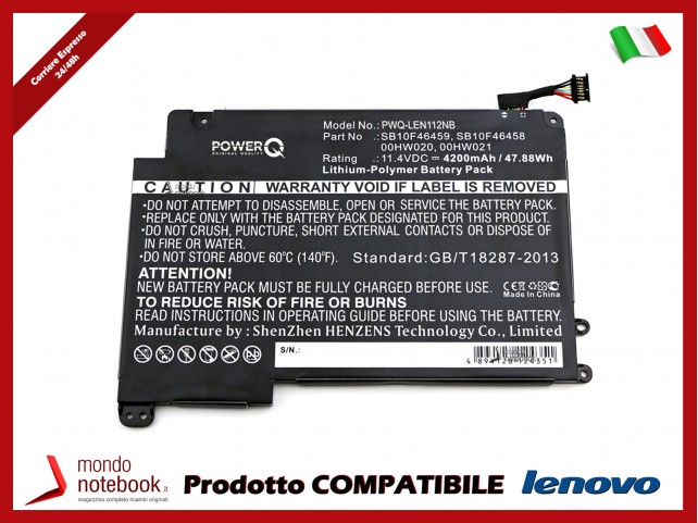 Batteria PowerQ per Lenovo ThinkPad P40 Yoga 4200 mAh 11.4V P/N 00HW020 Nero
