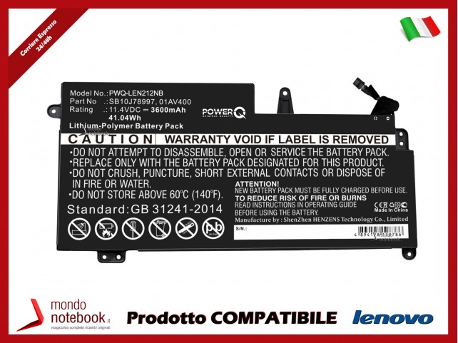 Batteria PowerQ per Lenovo 20GJ-006JSP 3600 mAh 11.4V P/N 01AV400 Nero