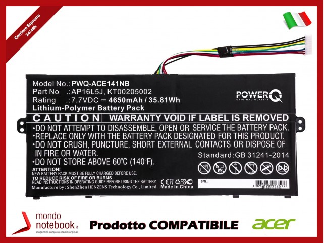 Batteria PowerQ per Acer KT.00205.002 4650 mAh 7.7V P/N AP16L5J Nero