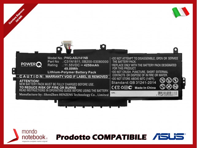 Batteria PowerQ per Asus BX433FN 4250 mAh 11.55V P/N 0B200-03080000 Nero