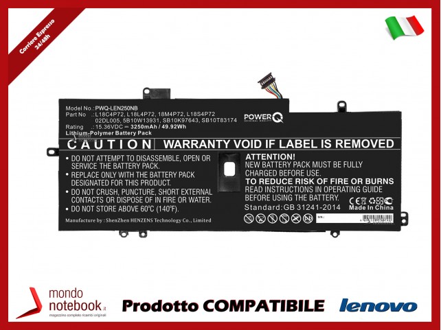 Batteria PowerQ per Lenovo ThinkPad X1 Carbon 2019 3250 mAh 15.36V P/N 02DL005 Nero