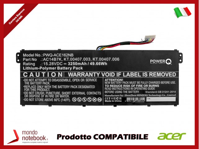 Batteria PowerQ per Acer Aspire 5 A515-41G-18Z3 3250 mAh 15.28V P/N AC14B7K Nero