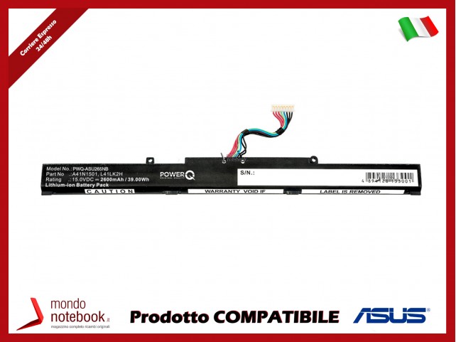 Batteria PowerQ per Asus GL752JW 2600 mAh 15.0V P/N 0B110-00360000 Nero