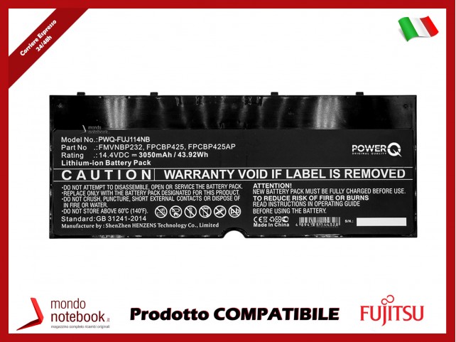 Batteria PowerQ per Fujitsu Lifebook T904 3050 mAh 14.4V P/N CP651077-02 Nero