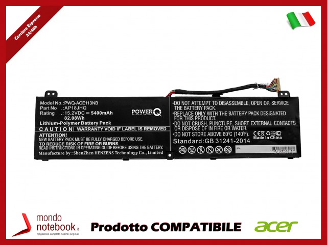 Batteria PowerQ per Acer ConceptD 7 CN715-71 5400 mAh 15.2V P/N AP18JHQ Nero